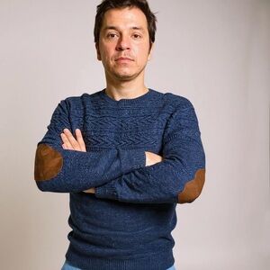 J. Crew Navy Crewneck Sweater with Leather Elbow Patches